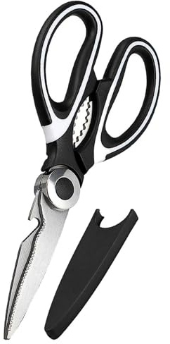 PARENCE.- Tijeras de cocina multifuncionales de 19 cm con funda protectora – acero inoxidable, mango ergonómico, blanco y negro – corte de alimentos, aves, hierbas, envases