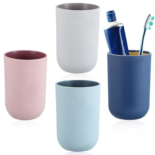 Generico Set 4 Pezzi Bicchieri da Bagno in Plastica Robusta Bicchiere per Spazzolino da Denti e Collutorio Bordo Curvo Ergonomico Fondo Antiscivolo Impilabili per Bagno e Colore Casuale