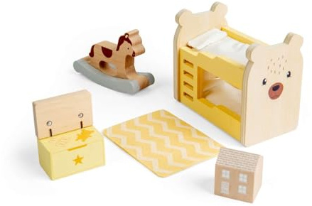 Bigjigs Toys Kids Bedroom Set | Wooden Dolls House Furniture | Accessories for Children's Dollhouse | Miniature Doll Room Playset with Wood Bunk Bed, Toy Chest & Rug | Gifts for 3+ Year Old Children