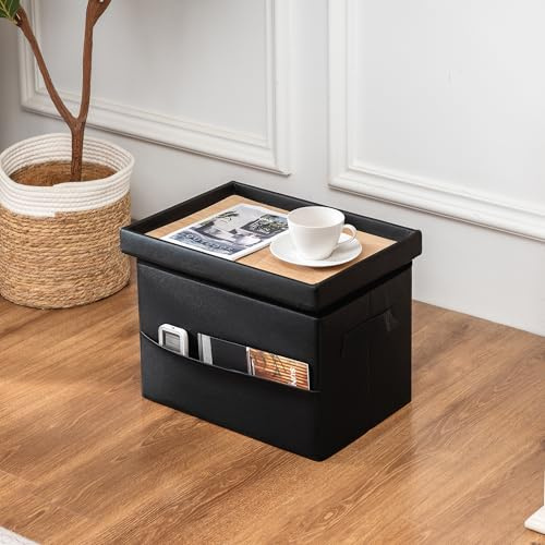 Asense Small Storage Ottoman,Foldable Foot Stool with Reversible Tray Lid and Side Pocket,Leather Ottoman Foot Rest Stool with Padded Seat,for Living Room Bedroom,11.6x16.3x11.4 Inches,Black