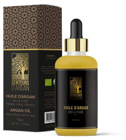 Olio di argan puro biologico per capelli corpo, viso, olio di argan del Marocco 100% puro Naturale e pressato a freddo- certificato biologico - Olio antietà – 50ML