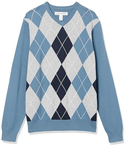 Amazon Essentials Pull à Col en V (Disponible en Grandes Tailles et Grandes Longueurs) Homme, Bleu Losanges, L