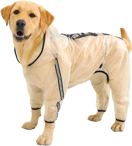 Olsa Hunde Regenjacken mit Kapuze, 4 Beine, Winterjacke für Hunde mit Reflektierenden Streifen, Transparent, Wasserdicht, Regenmantel für Kleine, Mittlere und Große (XL)