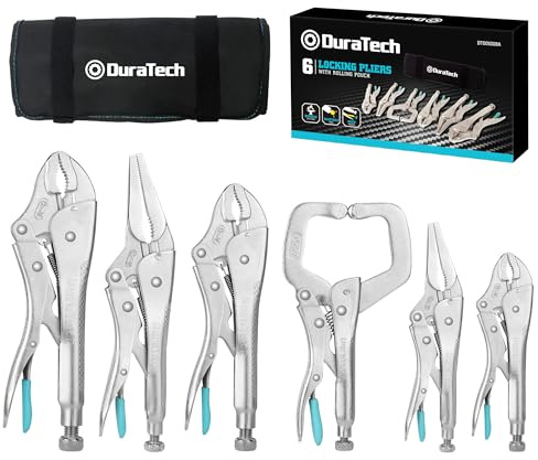 DURATECH Juego de 6 Alicates de Presión con 2 Alicates de Punta Larga de 16,5 cm y 24 cm, 3 Alicates de Mordaza Curva de 12,7 cm, 17,8 cm y 25,4 cm y 1 Alicate Tipo C 15 cm, con Estuche Enrollable