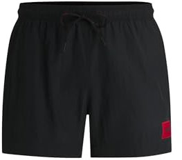 HUGO Herren Dominica Badeshorts mit durchgehendem Innenfutter und rotem Logo-Label Schwarz001 XL