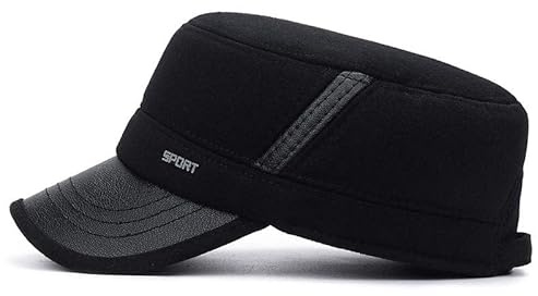 Gorra de béisbol para hombre, gorro plano cálido de invierno con oreja, gorros de algodón para abuelo gruesos, gorros de ala de cuero a prueba de viento, negro, L, Negro, L