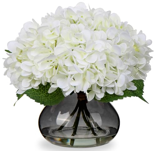 Oairse Hortensias Artificiales con 4 Flores en Jarrón de Cristal, Impresión 3D como Reales para Bodas, Hogar, Hotel, Fiesta, Arreglo