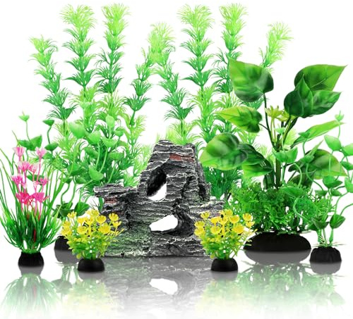 QUOZUO Plantes d'aquarium Plastique Décoration, Vert Plantes Artificielle Aquarium avec Rocher Polyrésine Grotte Ornement pour Aquarium Poissons, 9 Pièces