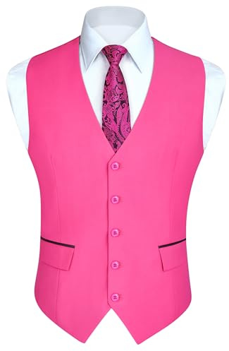 HISDERN Men's Pink Waistcoats Formal Wedding Waistcoat Solid Colour Classic Business Party Tuxedo Suit Vest with Fashion Pockets Regular Fit XL