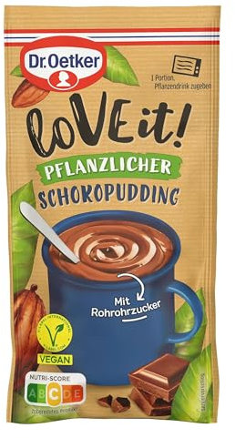 Dr. Oetker LoVE it! Pflanzlicher Pudding Schokolade 12er Pack, veganes Dessertpulver für die schnelle Zubereitung eines Tassen-Pudding