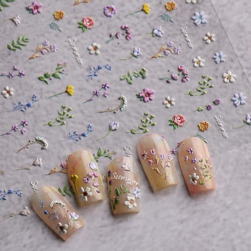 JMEOWIO 3D Embossed Flower Spring Summer Floral Nail Art Stickers Decals Self-Adhesive 5D Nail Supplies Nail Art Design Decoration Accessories 1 Sheets