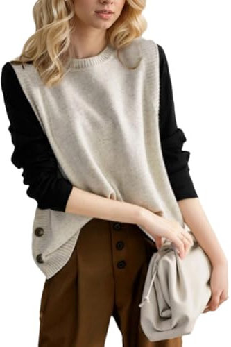 EMOTTOS ärmellose Strickweste Damen, Plain Sleeveless Jumpers Chunky Buttons Sweaters mit Rundhalsausschnitt, Pull Over Soft Casual Stylish Vintage Pullunder, Beige, Einheitsgröße
