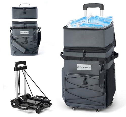 Odoland Sac Isotherme à roulettes Contient 72 Boîtes avec Packs de Glace, Double Couche, Fermeture Éclair Étanche, Chariot Glaciere à roulettes avec Poignée Pliable pour Camping Pique Nique