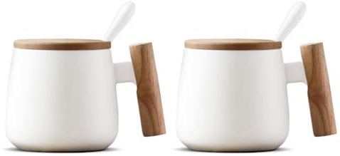 BALTHŌ - Juego de Tazas desayuno ceramica Té y Café (350ml) (2 Unid). Grandes, tapa y asa de madera, estilo nórdico. (350ml). Con cuchara. Café con leche, Latte, Macchiato. Tazas Regalo