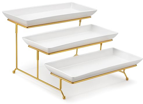 MALACASA 3 Tier Serving Trays for Party, 14 Inch Porcelain White Trays for Serving Food, Dessert Stand with Collapsible Gold Metal Rack