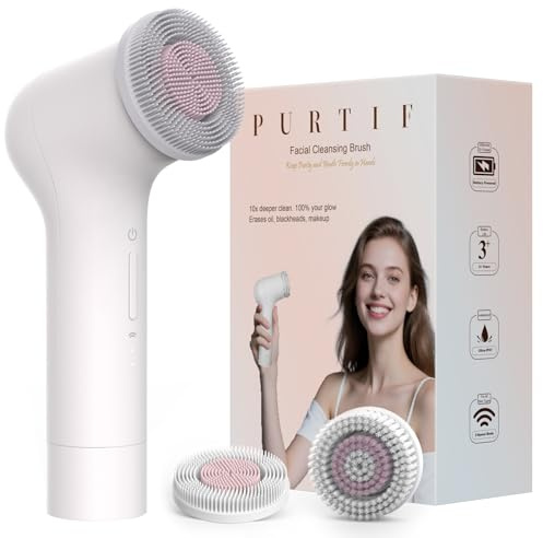 PURTIF Spazzola elettrica per la pulizia del viso, con testine in silicone e setole, ricaricabile, impermeabile, spazzola per la pulizia del viso, adatta per problemi di pelle del viso, colore bianco