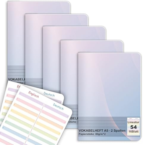 Pack of 5 Coloured English Vocabulary Books A5 2 Columns Lined with Division Line Ruling 54 16 Sheets Vocabulary Notebook for English Vocabulary School Book A5 School Supplies for Students Learning