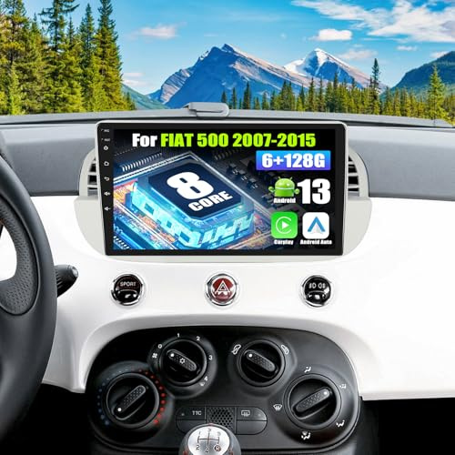 SIXWIN 8 Core 6+128G Android 15 Autoradio con CarPlay/Android Auto/DSP per FIAT 500 2007-2015, 9 Pollice HD Navigatore GPS WiFi Bluetooth 5.0 USB FM RDS Radio Mirror Link +32 Band EQ(Bianco)