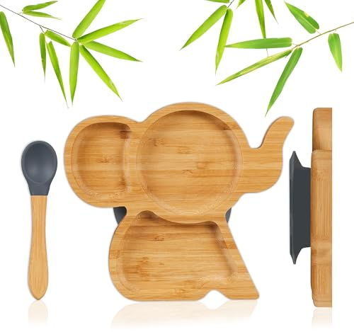 Relaxdays Kinderteller Bambus, Saugnapf, BPA-frei, rutschfest, unterteilter Babyteller, Bambusteller Elefant, Natur/grau