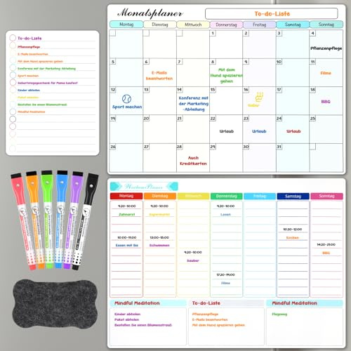 SONNELD Månadsplanerare avtorkbar magnetisk för kylskåp, återanvändbar whiteboard familjekalender med 6 pennor och suddgummi, för kök, kontor, skola, familjsplan att göra-lista 3-pack