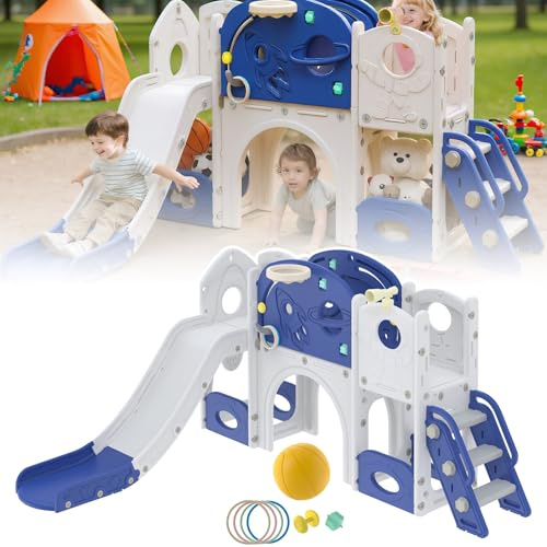 ACXIN Toboggan pour enfant avec tunnel, cachette et panier de basket – Kit de jeu autonome pour l'intérieur et l'extérieur, toboggan pour bébé en polyéthylène haute densité + plastique PP, bleu/blanc