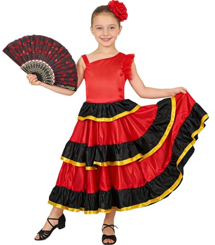 LOLANTA Abito Flamenco Spagnolo con Volant a Strati per Ragazze, Costume da Danza Stile Sevillana, con Fiore Rosso e Ventaglio Pieghevole, 180 Gradi, 12-13 Anni, 160