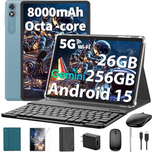 Android 15 Tablet 10 Inch, 2026 Tablet with Keyboard, 24GB+256GB+2TB Expand | Tablets PC with Gemini AI, Octa-Core, 8000mAh, 5G WiFi, Widevine L1, GMS, 2 in 1 AI Tablets with Case, Mouse, Stylus(Green)