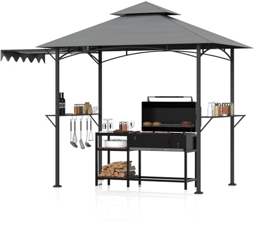 Huracan - Cenador de barbacoa con toldo lateral, doble techo, 2 estantes laterales y ganchos, pabellón de jardín para barbacoa, toldo de barbacoa resistente a la intemperie, cobertizo para barbacoa