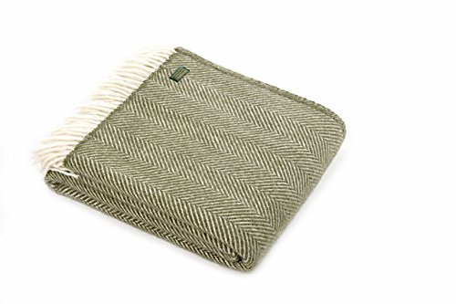 Tweedmill Textiles Herringbone pure new wool blanket throw rug Olive Green BRITISH MADE
