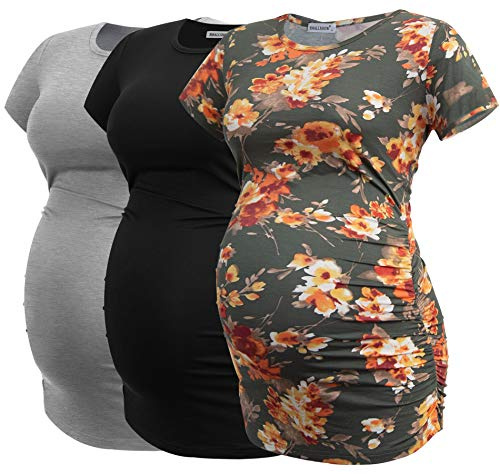 Smallshow Camiseta de Maternidad para Mujer, con Fruncido Lateral, para Embarazo, Negro/Gris Claro/Svp089, Large