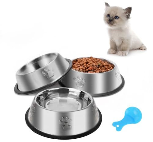 Katzennapf 3 Stück, Futternapf Katze Katzennäpfe Edelstahl rutschfest Katzen Napf Set, Haustier Fressnapf Futterschüssel Wasser Fütterung Schüssel für Katze Kleine Hunde Tiere (S-195ml)