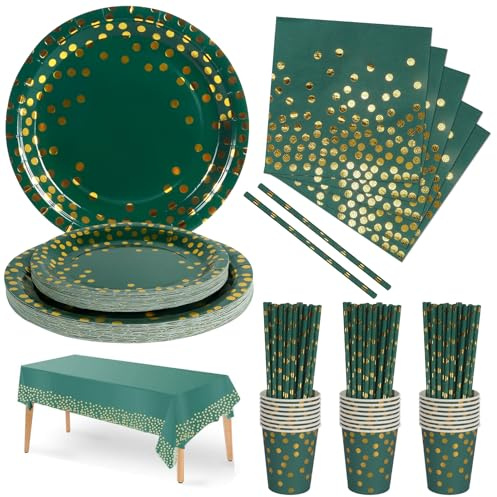 Nkaiso 126 Pcs Dark Green Gold Party Plates Cups and Napkins Set for 25 | Party Tableware Supplies Set with Paper Plates Napkins Cups Straws for Wedding Shower Engagement Wedding Birthday