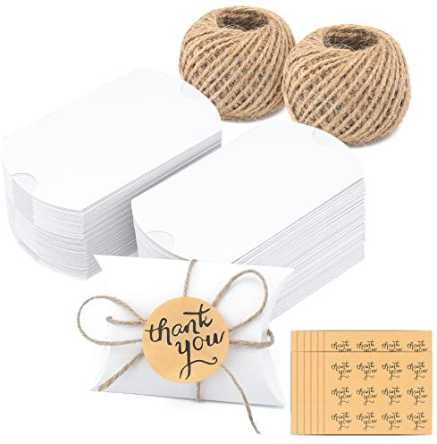 100 Stück Hochzeit Gastgeschenk Katonage Box Pralinenschachtel Geschenkboxen Geschenkverpackung Tüten, 60M Bastelschnur mit 120 Stück Aufkleber für Hochzeit