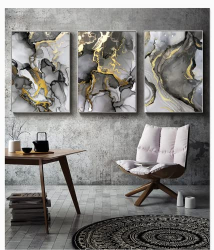 LYBOHO Wall Pictures Living Room Grey Golden Fluid Art Marble Texture Abstract Wall Art Canvas Pictures - Without Frame (Marbled 2, 3PCS-20x30cm)