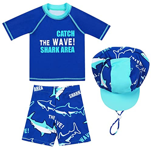 Maeau Bade Set Kinder Junge Bademode Jungen 9-10 Jahre Zweiteiliger Badeanzug mit Langen Ärmeln Badebekleidung Uv Schutz Schwimmbekleidung Cartoon Badeshorts Badehose Set Jungen und Hut Blau