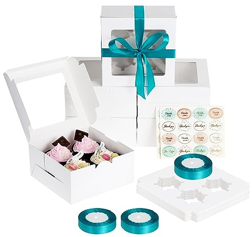 Coolty 30pcs Cupcake Boxes 4 Holes Muffins Desserts Cake Box with 3 Roll Wrapping Ribbon and 2pcs Stickers for Cookies Muffins Cupcakes Desserts Pies (White)