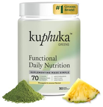KUPHUKA GREENS - Polvere Super Greens (411g) con +70 estratti vegetali, supercibo, vitamine, minerali, probiotici, spirulina, Ashwagandha, clorella - 100% naturale (411gr, Ananas e Coco)