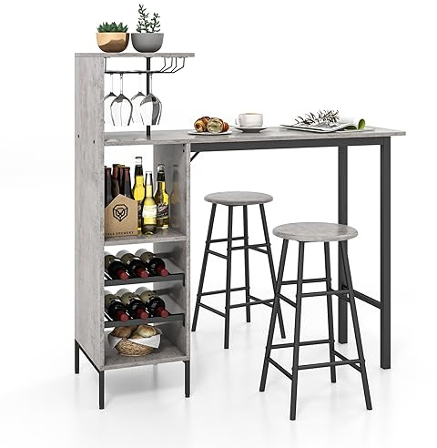 COSTWAY Barbord 120 cm med 2 Barstolar, Vinglashållare & Flaskhylla, Grå Högt Bord med 3 Förvaringshyllor, Ergonomisk Rundad Design, Perfekt för Kök, Matsal & Vardagsrum, 150 kg Kapacitet
