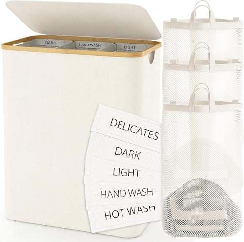 Wäschekorb mit Deckel 160L – Wäschekorb 3 Fächer, Großer Wäschesammler aus Stoff & Bambus, Faltbare Wäschebox & Schmutzwäschebehälter für Bad & Schlafzimmer, Beige