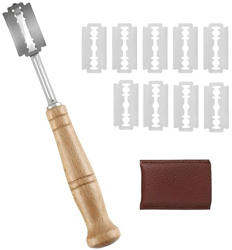 GANILITY Bäckermesser, Baguettemesser mit 10 Klingen und Lederschutzhülle, Teigmesser, Brot Schneide Werkzeug, Brotklinge, Langer Griffstock Baguettemesser, Brot Bäcker Cutter, für DIY Brot Backen