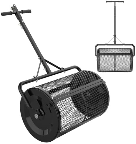 Seeutek Compost Spreader, 24 Peat Moss Spreader with 3 Heights, Top Soil Spreader W/Upgraded Side Latches Support Rod Powder Coated Metal Mesh Top Dressing Spreader for Lawn, 2 Way Uses-Push or Tow