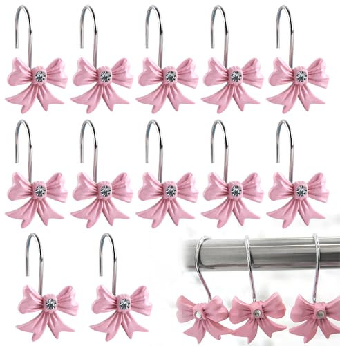 Ddayup 12 Stück duschvorhangringe rosa schleifenknoten gardinenringe vorhangringe Metall Harz duschvorhang Haken vorhanghaken Curtain Hooks gardinenhaken für Ringe duschringe duschvorhanghaken