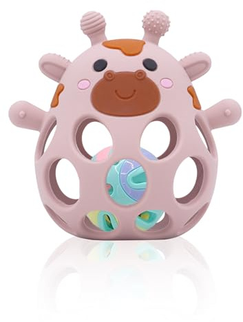 MuyPetit Jirafa Sonajero, Juguete bebe 4 meses, Libre de BPA y tóxicos, Juguetes Montessori para bebes 6-12 meses, Fácil de agarrar, Juegos bebe 0-6 meses, Teether (Rosa con bolita)