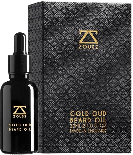 ZOUSZ Gold Oud Olio Barba Uomo – Olio da Barba Crescita Uomo con Argan e Avocado – Profumo Sandalo – Ammorbidisce e Rinforza – Flacone 30 ml