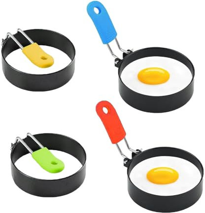4 Pcs Egg Rings - Round Egg Non-Stick Fried Mould Anti-Scald Folding Handle Stainless Steel Fried Eggs Pancake Mini Burger Patty for Household Kitchen Cooking Frying(Multicolor)