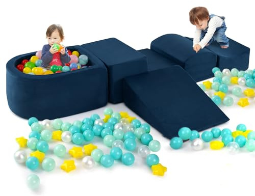 COSTWAY Set di 5 Pezzi Gioco in Schiuma, Blocchi con Piscina di Palline per Bambini, Coperture Lavabili con Cerniere, Blocchi Creativi per Stanza di Giocattoli, Camera da Letto (Navy)