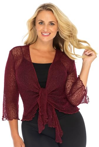 NetSetUK Women’s Fish Net Tie Up Shrug 3/4 Sleeve Fine Knitted Ladies Bolero Shrug Top Jacket Cardigan One Size Wine