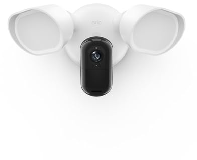 Arlo 2K Flutlichtkamera, Überwachungskamera Aussen WLAN, HDR, Kabelgebunden, 160° Weitwinkel, Bewegungsmelder, Farbnachtsicht, LED Licht, 2-Wege-Audio, Alarm, Sirene, mit Arlo Secure Testzeitraum