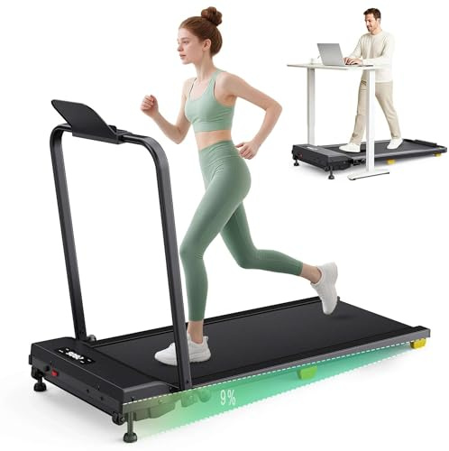 UREVO Tapis Roulant Pieghevole con Inclinazione 9%, Walking Pad Sotto Scrivania 2-in-1, Motore 2.5 HP, 1-10 km/h, Silenzioso e Salvaspazio per Casa/Ufficio, Modalità HIIT One-Touch