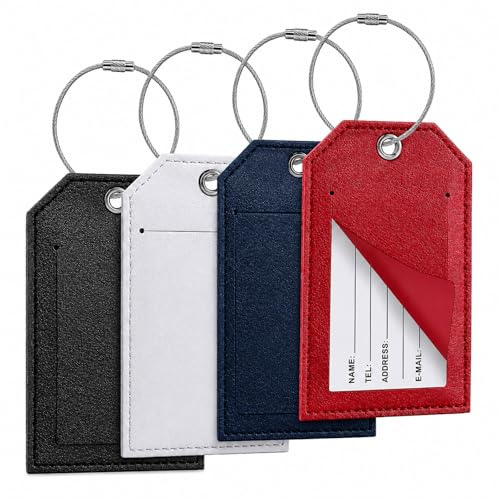 Redamancy 4 Piezas Identificador de Maletas de PU, Etiquetas para Maletas de Viaje con Tarjeta de Identificación y Hebilla Ajustable, Etiqueta Maleta para Equipaje y Mochilas (Negro, Rosa, Gris, Azul)